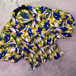18 Centimeters Womens Top Sz XL Blue Yellow Abstract Smocked Puff Sleeve Blouse
